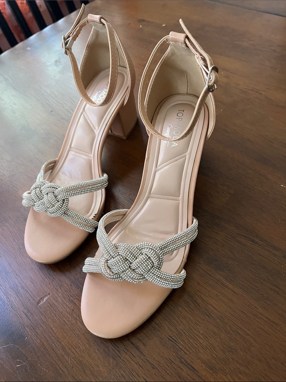 TOP Moda Comfort women’s Ankle-Strap Heeled Sandals with Rhinestone Knot